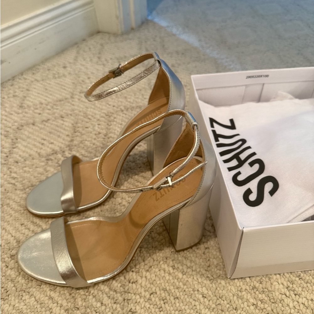 Schutz Silver Strappy Block Heel Sandals size 10.5 New with box and bag.
